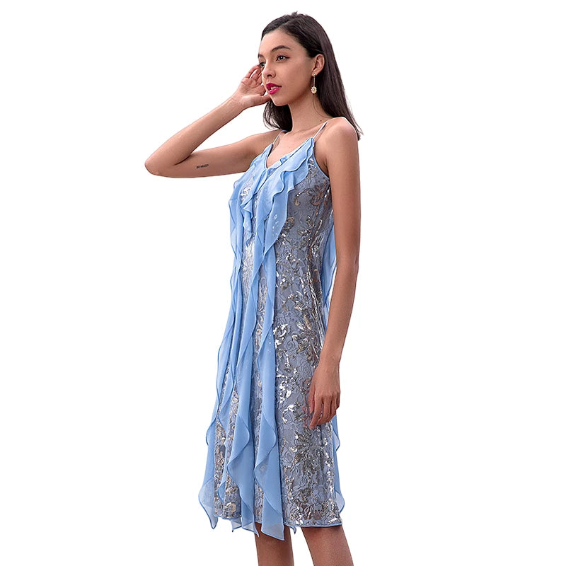 JJparty-D227 Women sequinned lace spaghetti straps ruffled detail midi party dress
