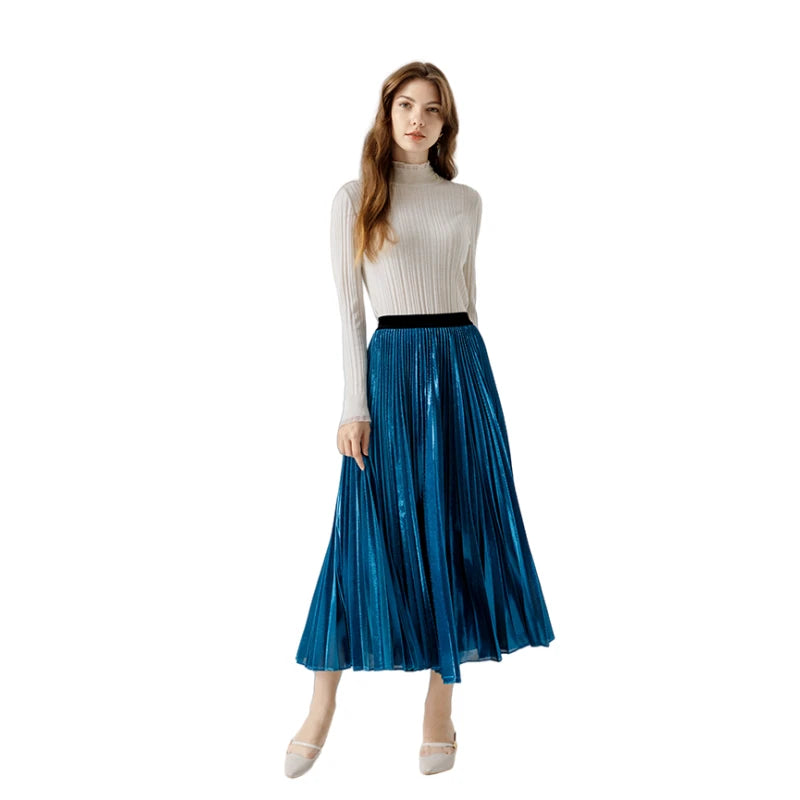 JJparty-A121 Women metallic knit full circle sunburst pleated midi party skirt