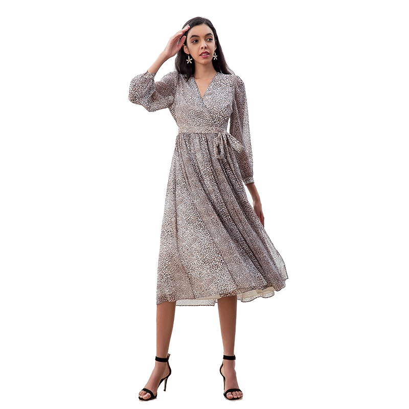 JJparty-D265 Women leopard print chiffon long puff sleeves wrap design pleated midi dress