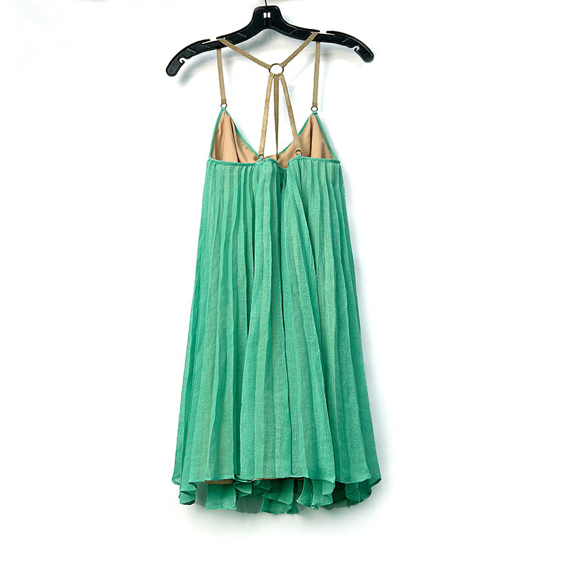 JJparty-9D51 Women solid gauze V-neck backless strappy pleated mini dress