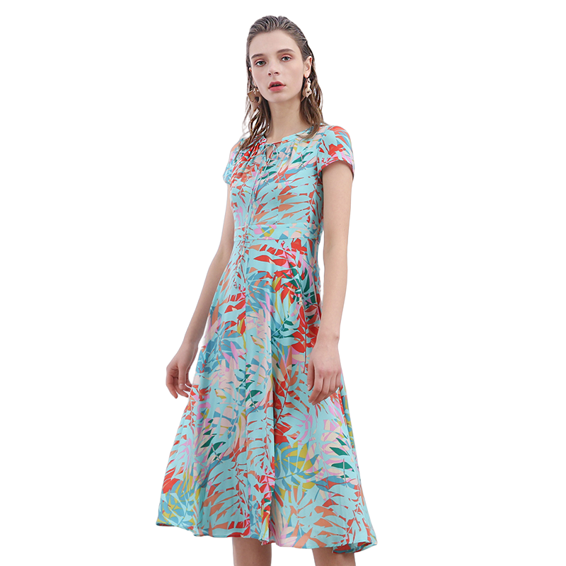 JJparty-H628-1 Women polyester print round neck cap sleeves flared midi dress