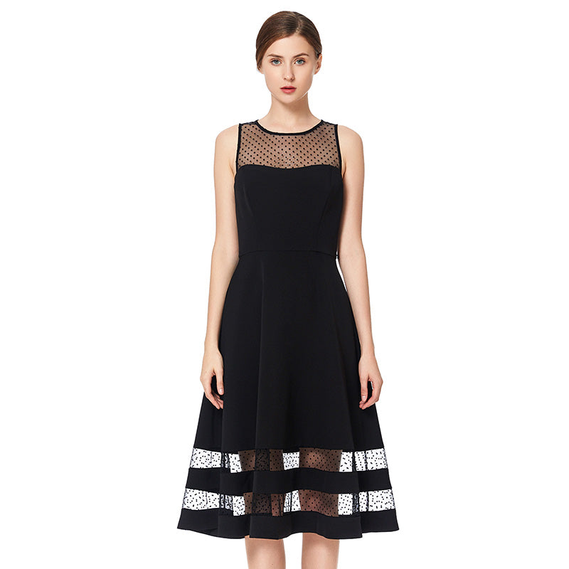 JJparty-D031 Women solid sleeveless swiss dot tulle-panel flared midi party dress
