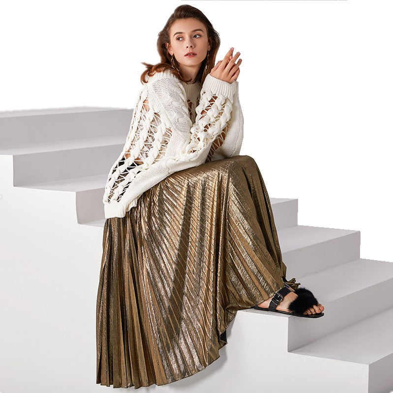 JJparty-C080 Women metallic knit elasticated waist full circle sunburst pleated evening midi skirt