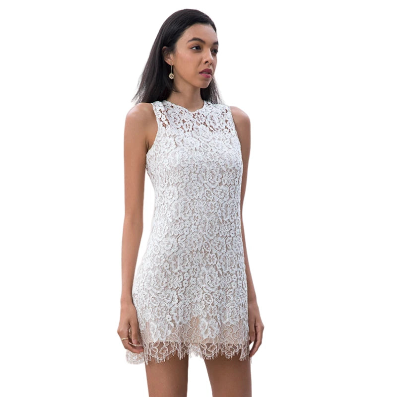 JJparty-D097-2 Women Peony flower eyelash lace sleeveless fitted day and party mini dress