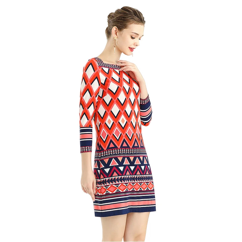 JJparty-D079 Women geometric print boat neck three quarter sleeves mini day dress