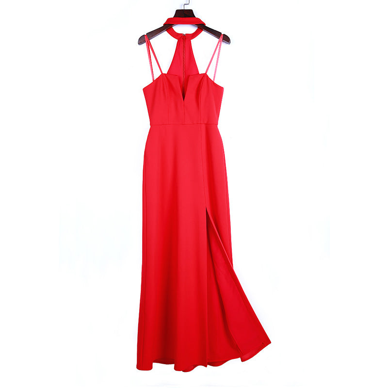 JJparty-8N67 Women solid strapless halter back maxi evening dress
