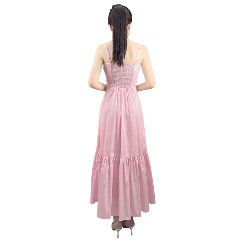 JJparty-D296 Women cotton strappy smocked back tiered ruffle flared midi dress