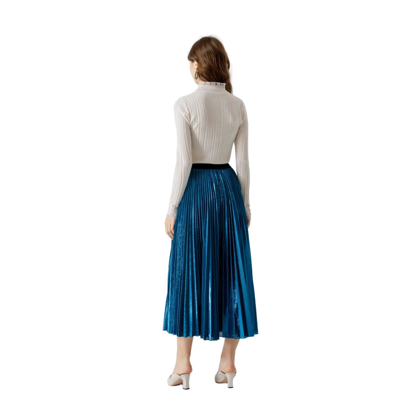 JJparty-A121 Women metallic knit full circle sunburst pleated midi party skirt