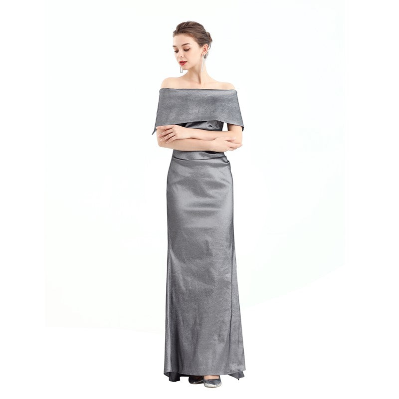 JJparty-D111 Women solid off shoulder draped detailing fitted mermaid maxi evening dress