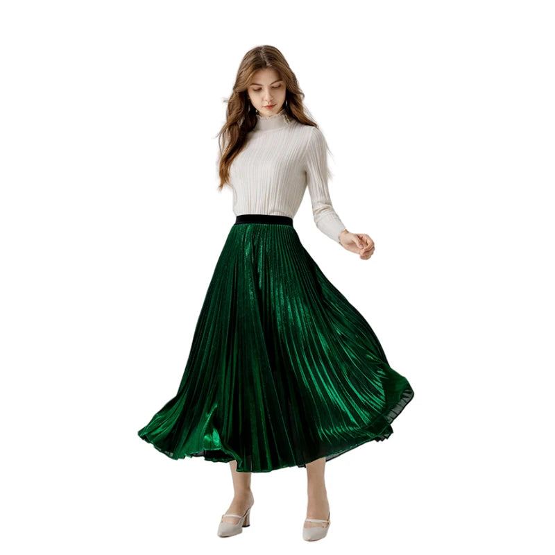JJparty-A121 Women metallic knit full circle sunburst pleated midi party skirt