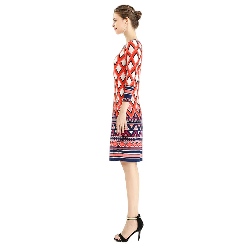 JJparty-D090 Women geometric print boat neck three quarter sleeves mini day dress