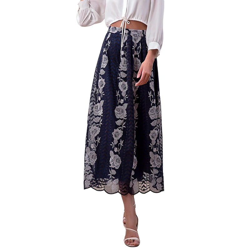 JJparty-S127-1 Women Roses embroidered mesh scallop hem A-line midi skirt