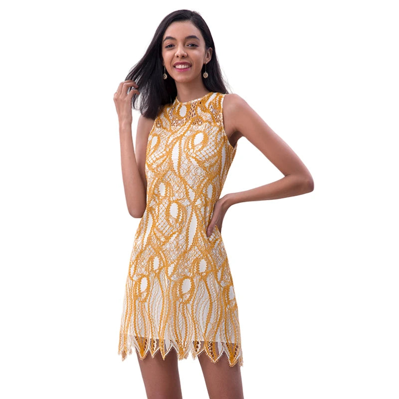 JJparty-D097-1 Women fashion eyelash lace sleeveless fitted day and party mini dress