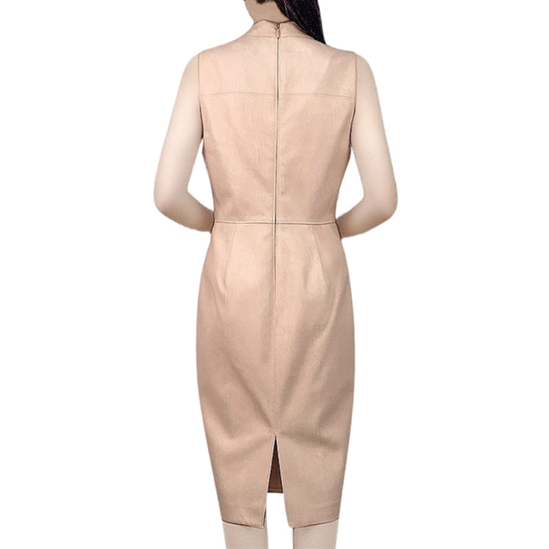 JJparty-D240 Women faux leather stand collar sleeveless straight-cut midi dress