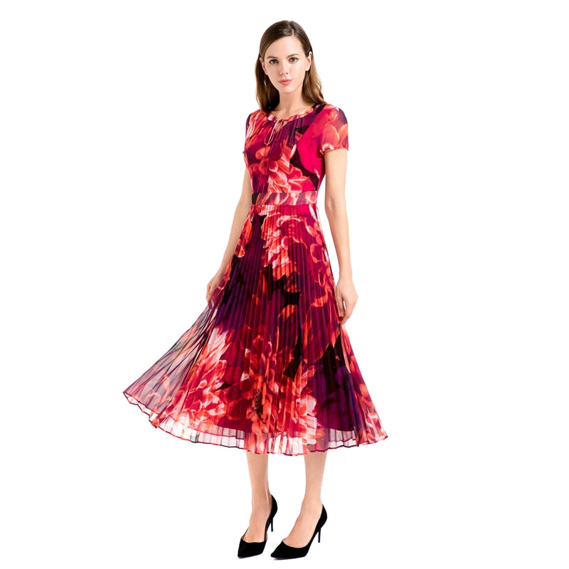 JJparty-D114 Women flower print chiffon cap sleeves pleated midi day dress