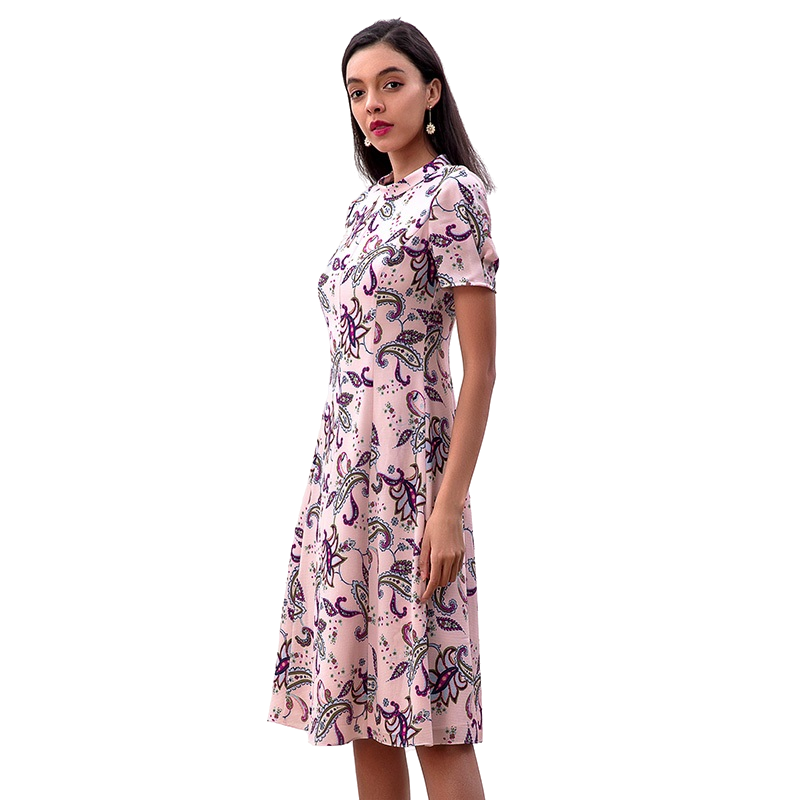 JJparty-D222 Women paisley print rolled collar A-line day dress