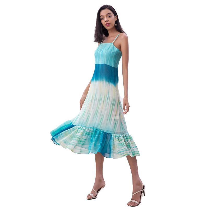 JJparty-D261 Women Tie-dye print strappy flared tiered ruffle midi dress