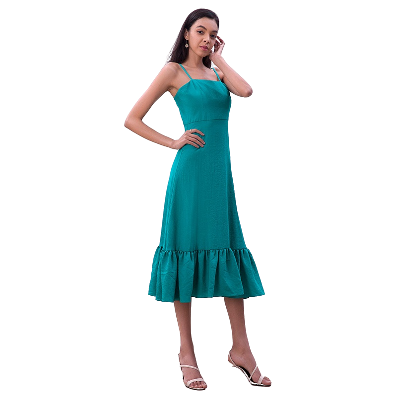 JJparty-D261-2 Women solid strappy tiered ruffle flared midi party dress