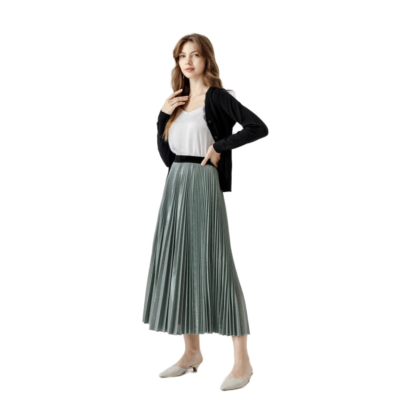 JJparty-A121 Women metallic knit full circle sunburst pleated midi party skirt