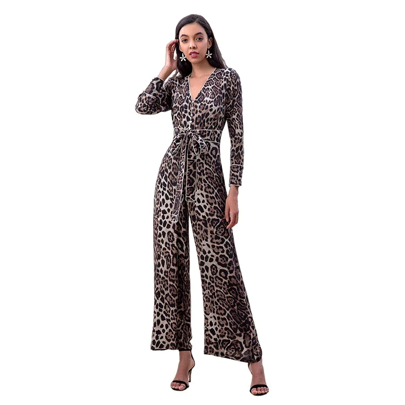 JJparty-R171 Women leopard print long sleeves flare leg jumpsuit