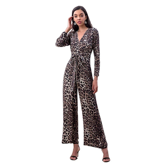 JJparty-R171 Women leopard print long sleeves flare leg jumpsuit