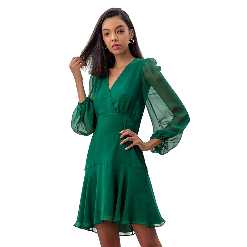 JJparty-D272 Women silk crinkle chiffon long puff sleeves flounced mini dress