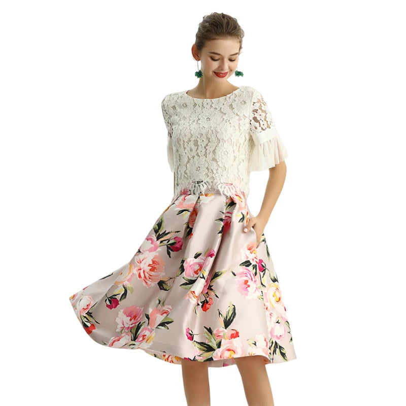 JJparty-S137 Women floral print inverted pleat A-line midi skirt