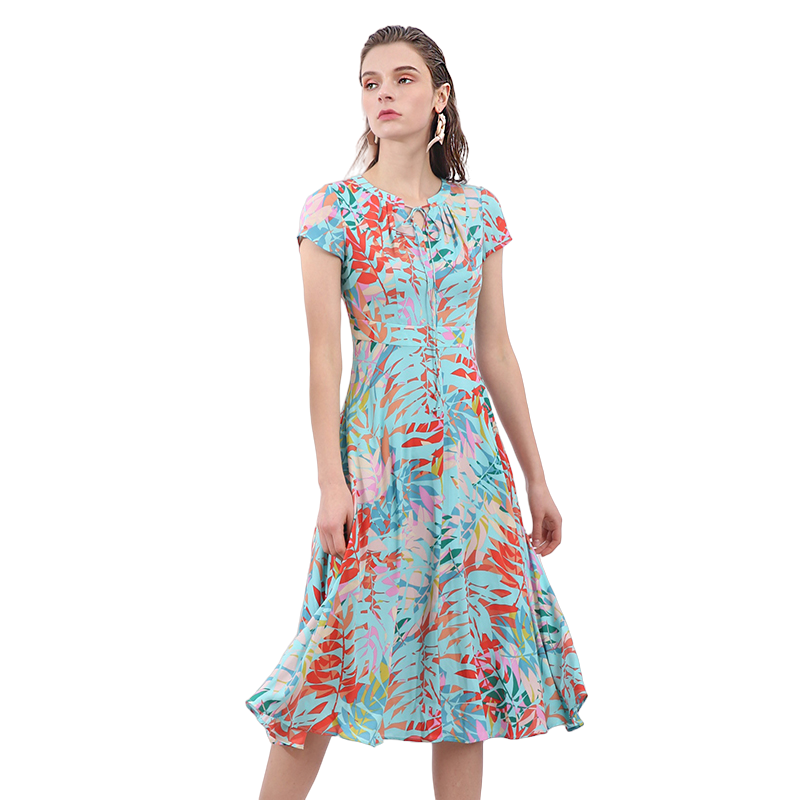 JJparty-H628-1 Women polyester print round neck cap sleeves flared midi dress
