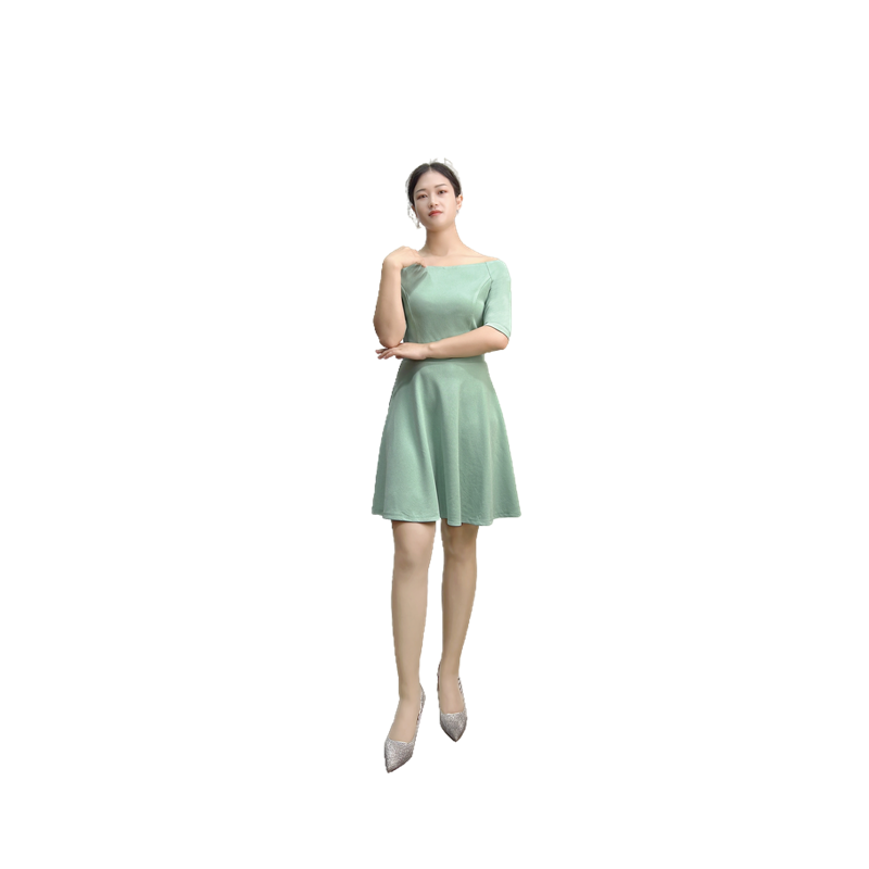 JJparty-D413 Women solid short sleeve boat neck flared mini dress