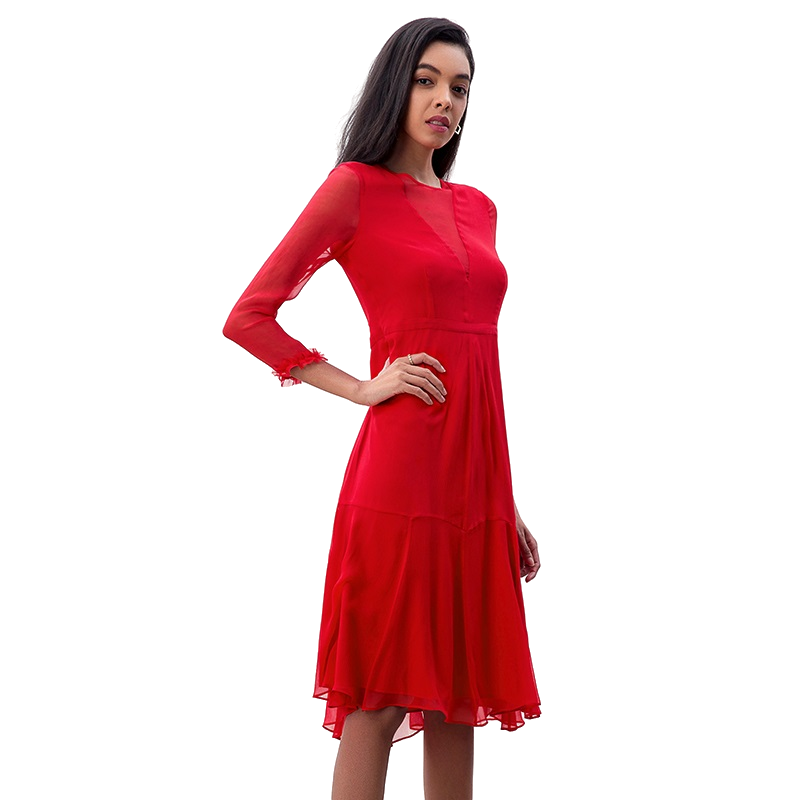 JJparty-D270 Women silk crinkle chiffon three-quarter sleeves flared midi party dress