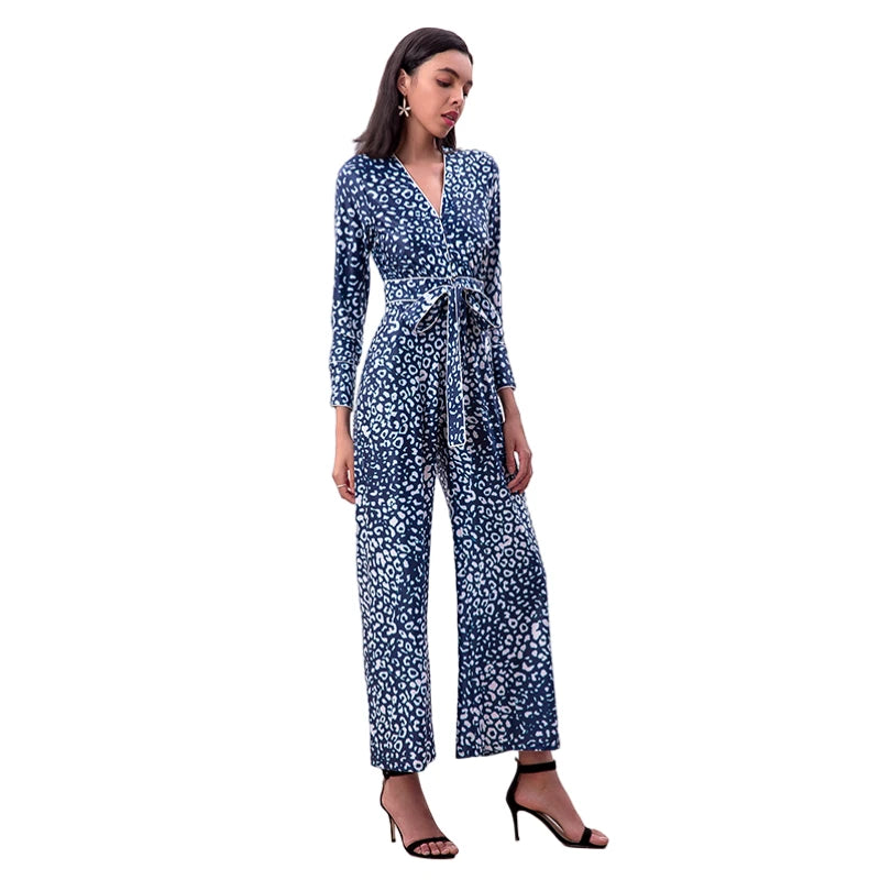JJparty-R171-2 Women animal print long sleeves flare leg jumpsuit