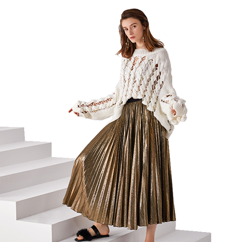 JJparty-C080 Women metallic knit elasticated waist full circle sunburst pleated evening midi skirt