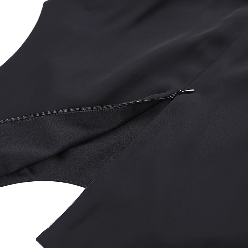 JJparty-2A56 Women solid round neck front draped design cut-out waist asymmetric hem day dress