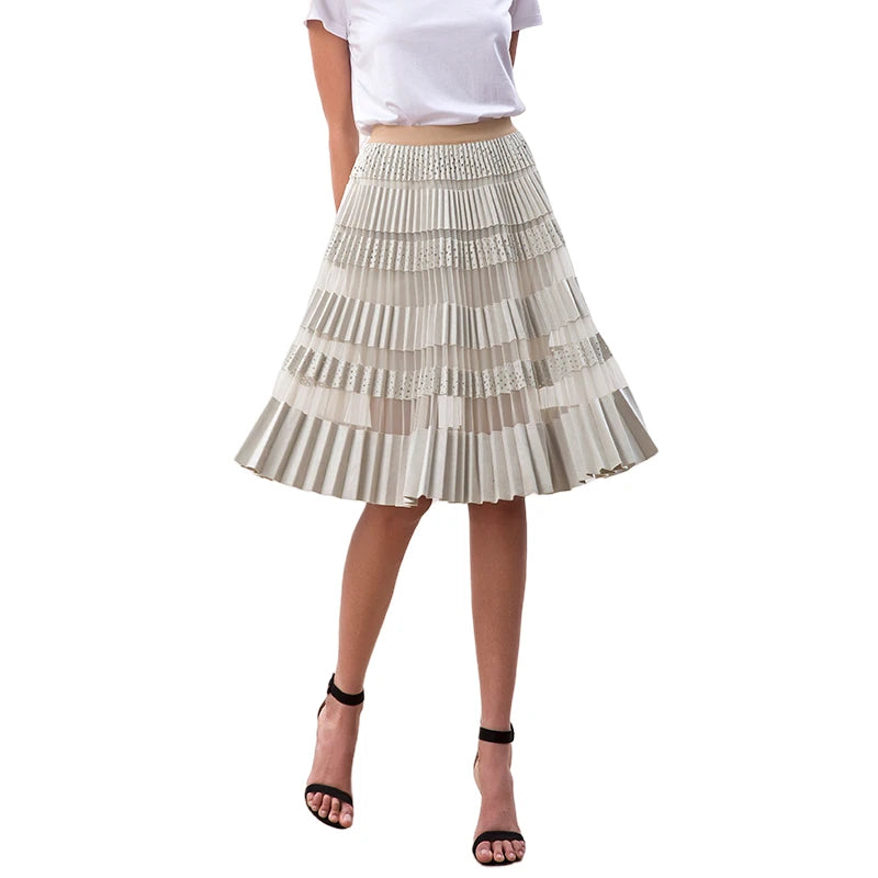 JJparty-S254 Women faux suede perforated panel mesh combo sunburst pleated midi skirt