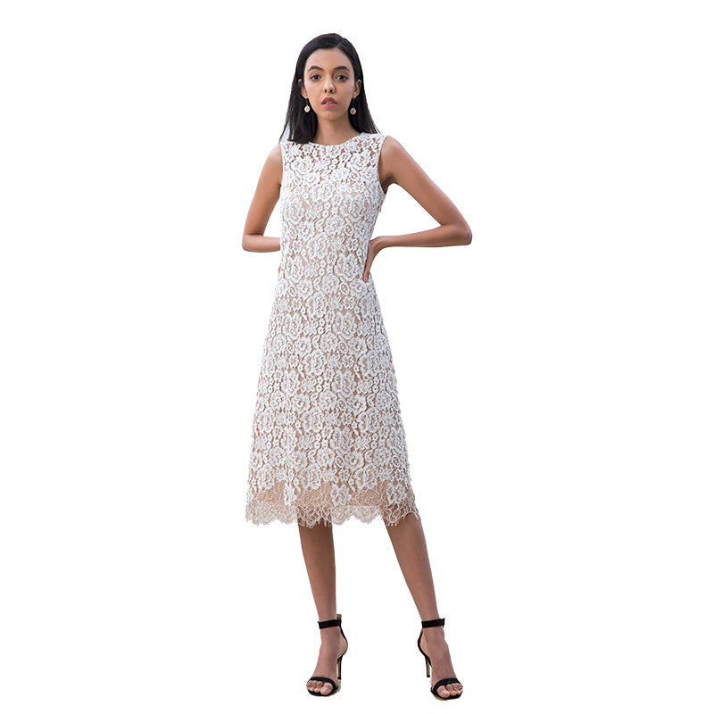 JJparty-D098-2 Women two-tone eyelash lace sleeveless straight-cut party midi dress