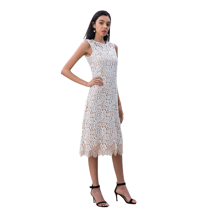 JJparty-D098-2 Women two-tone eyelash lace sleeveless straight-cut party midi dress