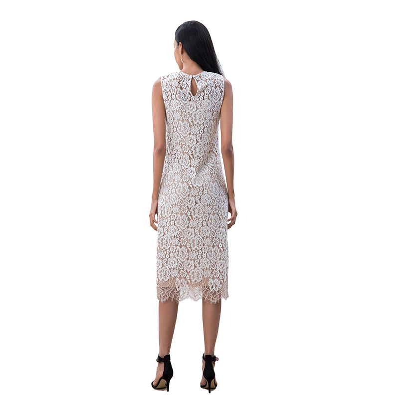 JJparty-D098-2 Women two-tone eyelash lace sleeveless straight-cut party midi dress