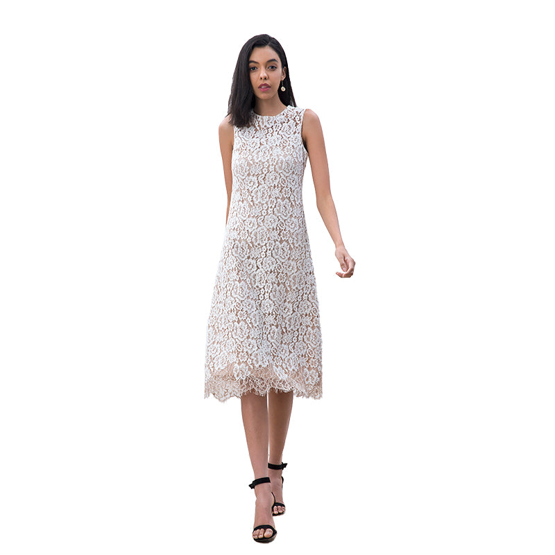 JJparty-D098-2 Women two-tone eyelash lace sleeveless straight-cut party midi dress