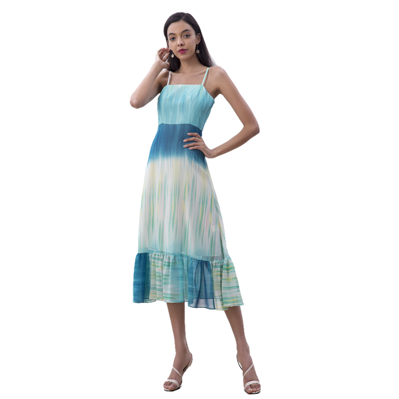 JJparty-D261 Women Tie-dye print strappy flared tiered ruffle midi dress