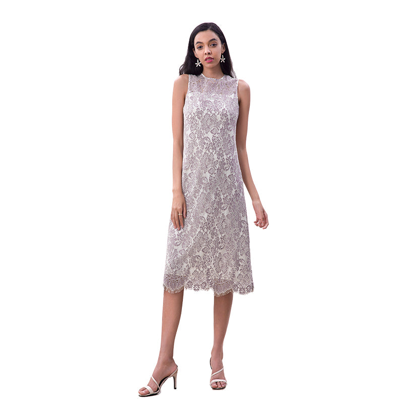 JJparty-D098-3 Women Two-tone floral eyelash lace sleeveless straight-cut day and party midi dress