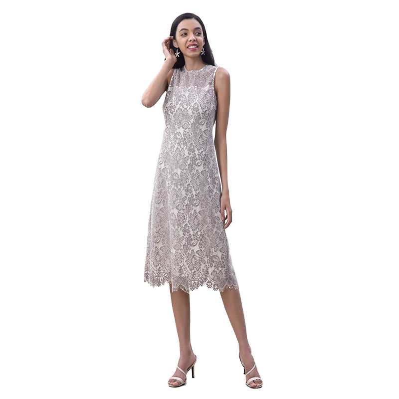 JJparty-D098-3 Women Two-tone floral eyelash lace sleeveless straight-cut day and party midi dress