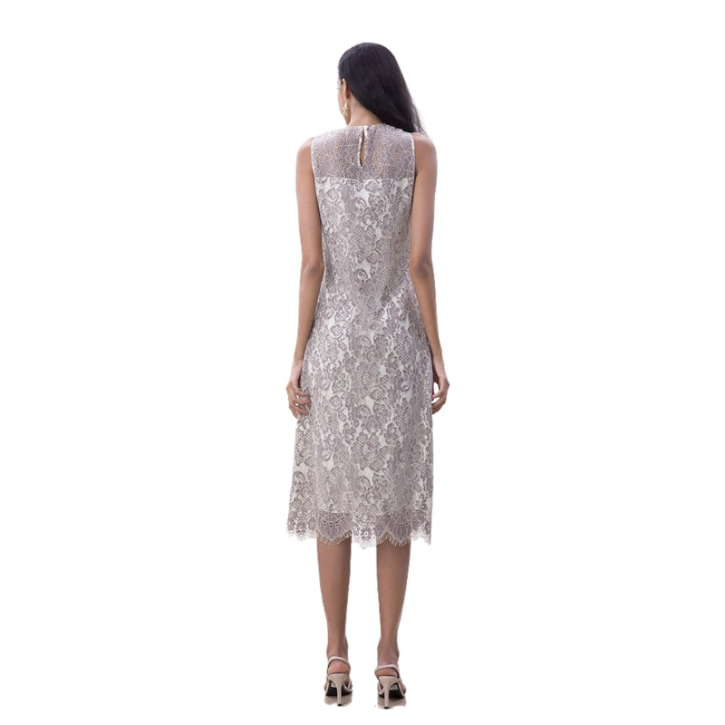 JJparty-D098-3 Women Two-tone floral eyelash lace sleeveless straight-cut day and party midi dress
