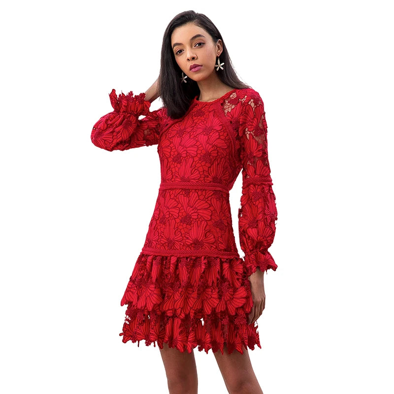 JJparty-D271 Women cut out embroidery long puff sleeves ruffle-tiered evening mini dress