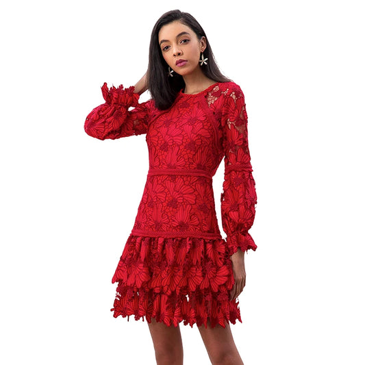 JJparty-D271 Women cut out embroidery long puff sleeves ruffle-tiered evening mini dress