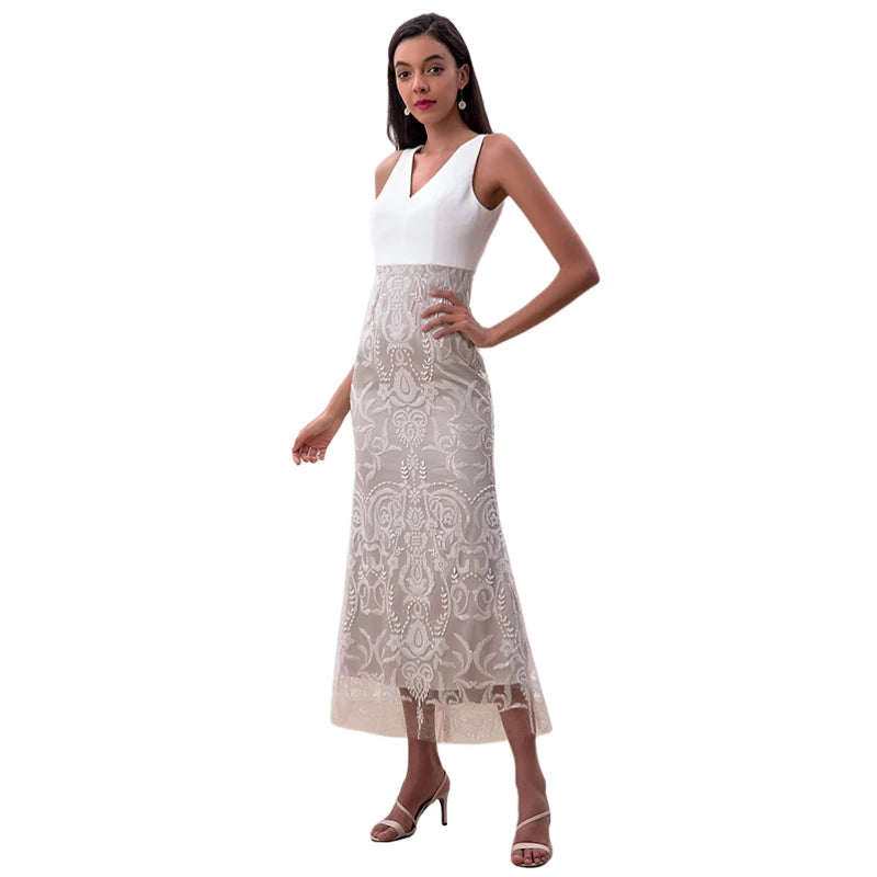 JJparty-D187 Women sequin embellished V-neck fluted midi evening dress
