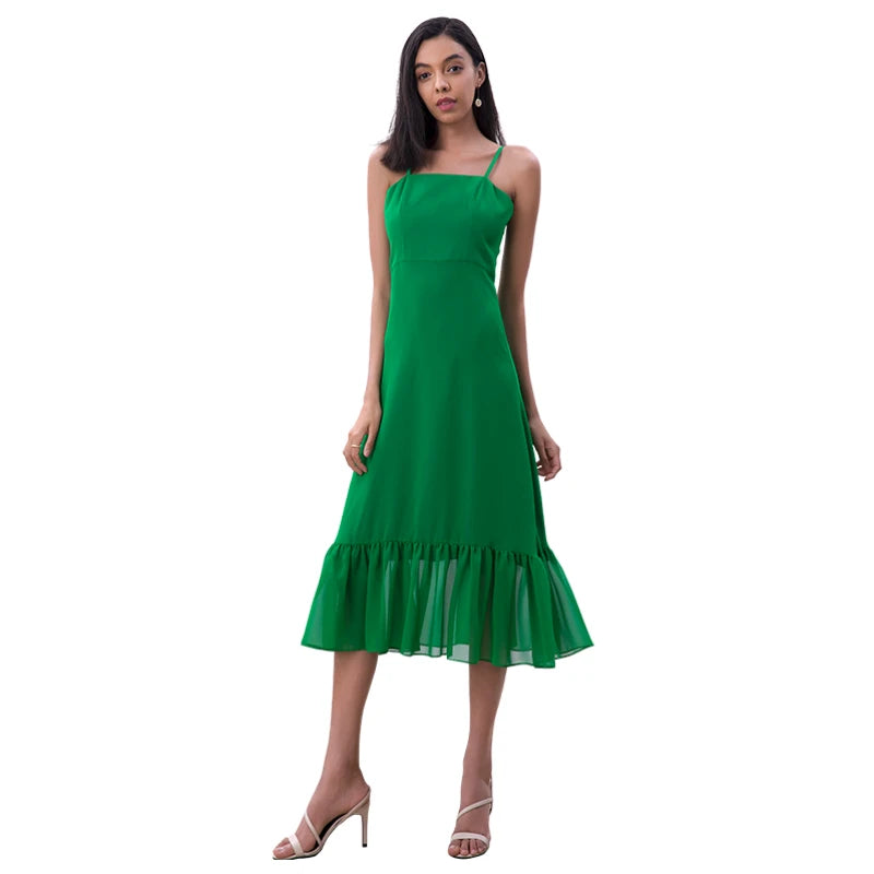 JJparty-D261-1 Women solid chiffon strappy tiered ruffle flared midi party dress