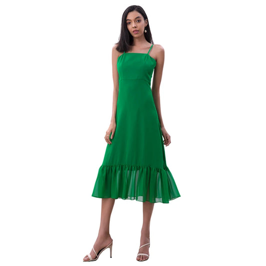 JJparty-D261-1 Women solid chiffon strappy tiered ruffle flared midi party dress