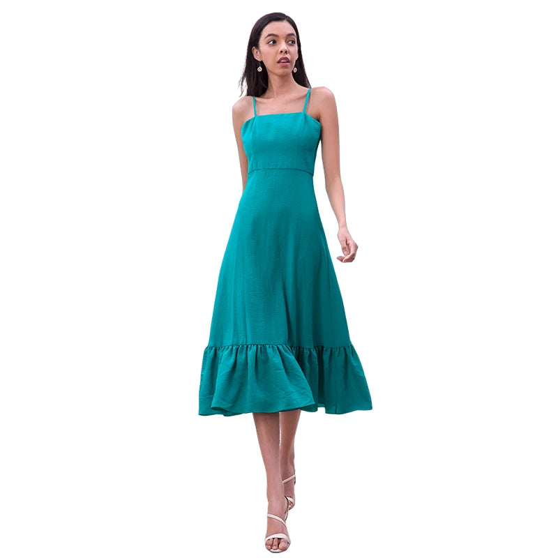 JJparty-D261-2 Women solid strappy tiered ruffle flared midi party dress
