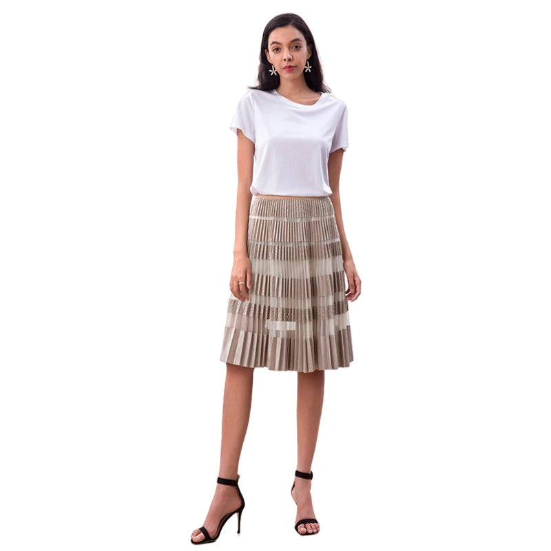 JJparty-S254 Women faux suede perforated panel mesh combo sunburst pleated midi skirt