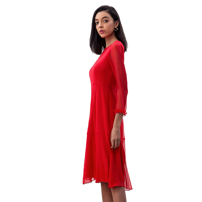 JJparty-D270 Women silk crinkle chiffon three-quarter sleeves flared midi party dress